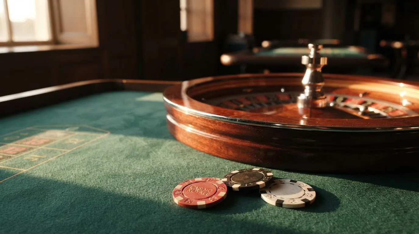 Roda de roleta e fichas sobre feltro verde, sob uma luz quente de fim de tarde — novo casino em portugal