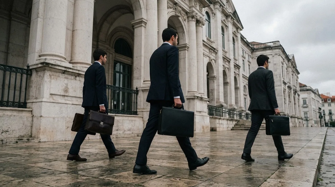 Pessoas de fato a caminhar à frente de um edifício de serviços públicos em Lisboa, com pasta na mão e céu nublado.
