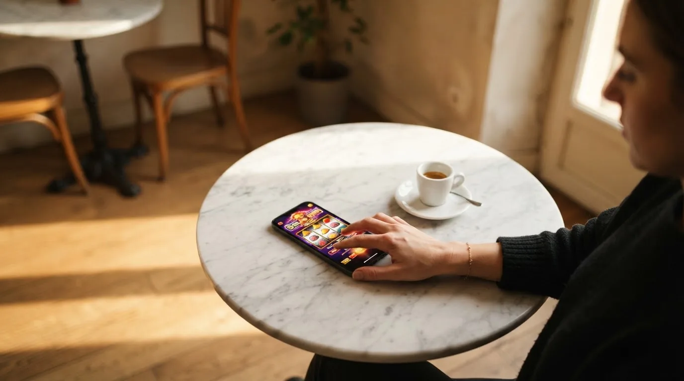 Pessoa a explorar jogos no telemóvel num café, com uma bica na mesa e luz de manhã a entrar pela montra.