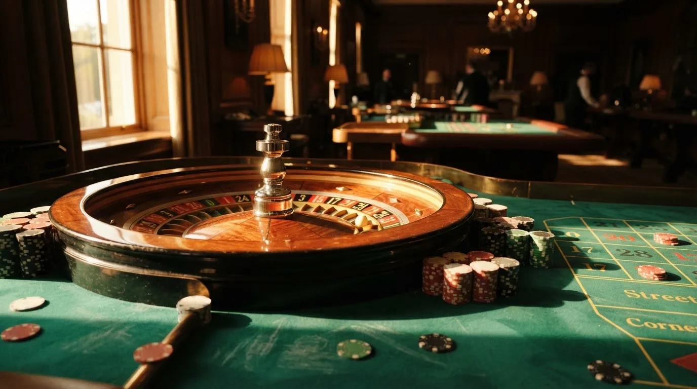 Roda de roleta e fichas sobre feltro verde, sob uma luz quente de fim de tarde — ofertas de casino em portugal