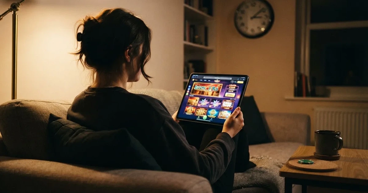 Pessoa num sofá a olhar pensativa para um tablet, com um relógio na parede atrás — ofertas de casino em portugal