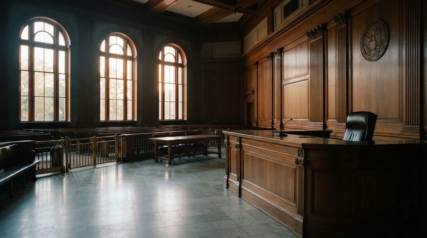 Sala de tribunal vazia com painéis de madeira, à luz da manhã — online casino bónus para os portugueses