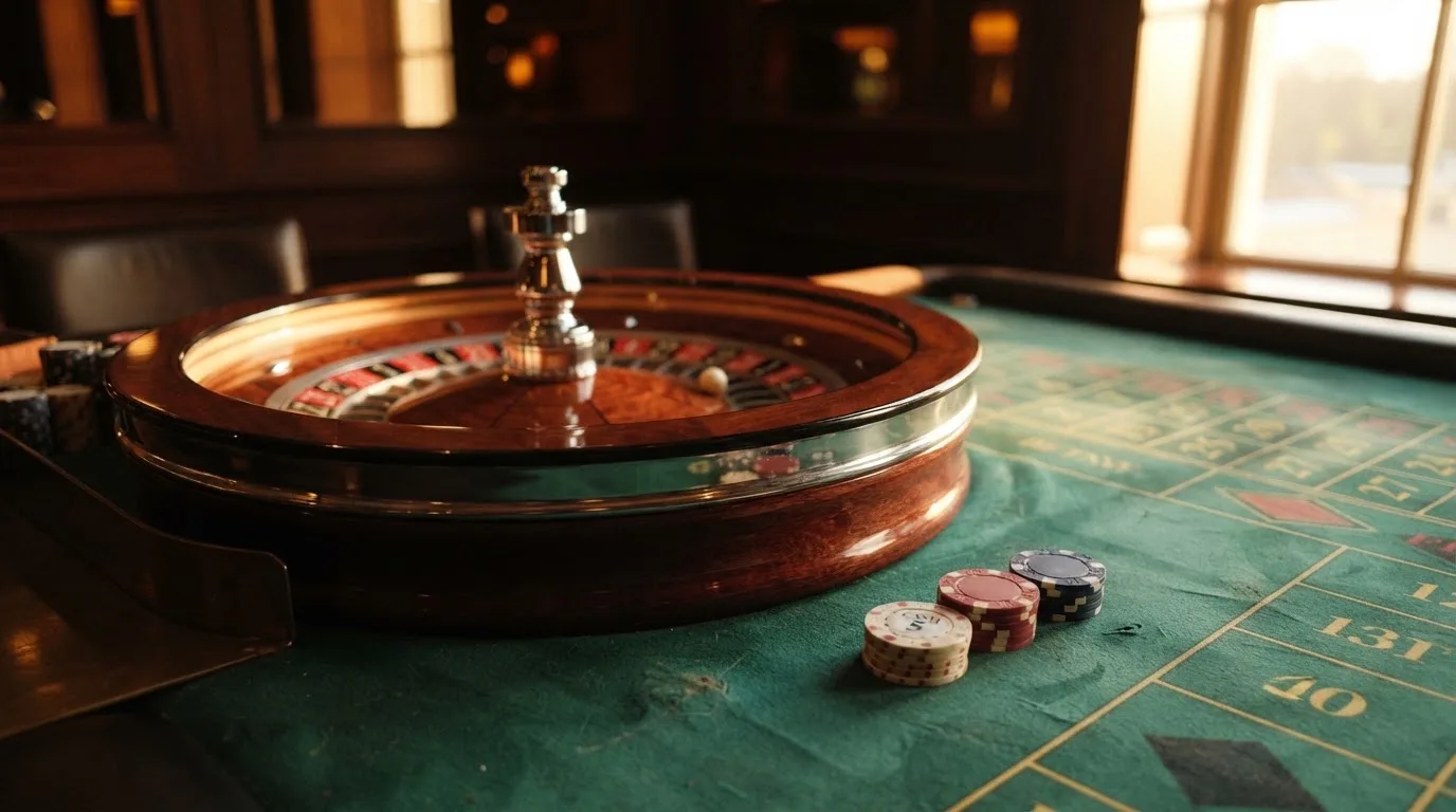 Roda de roleta e fichas sobre feltro verde, sob uma luz quente de fim de tarde — online casino bónus para os portugueses