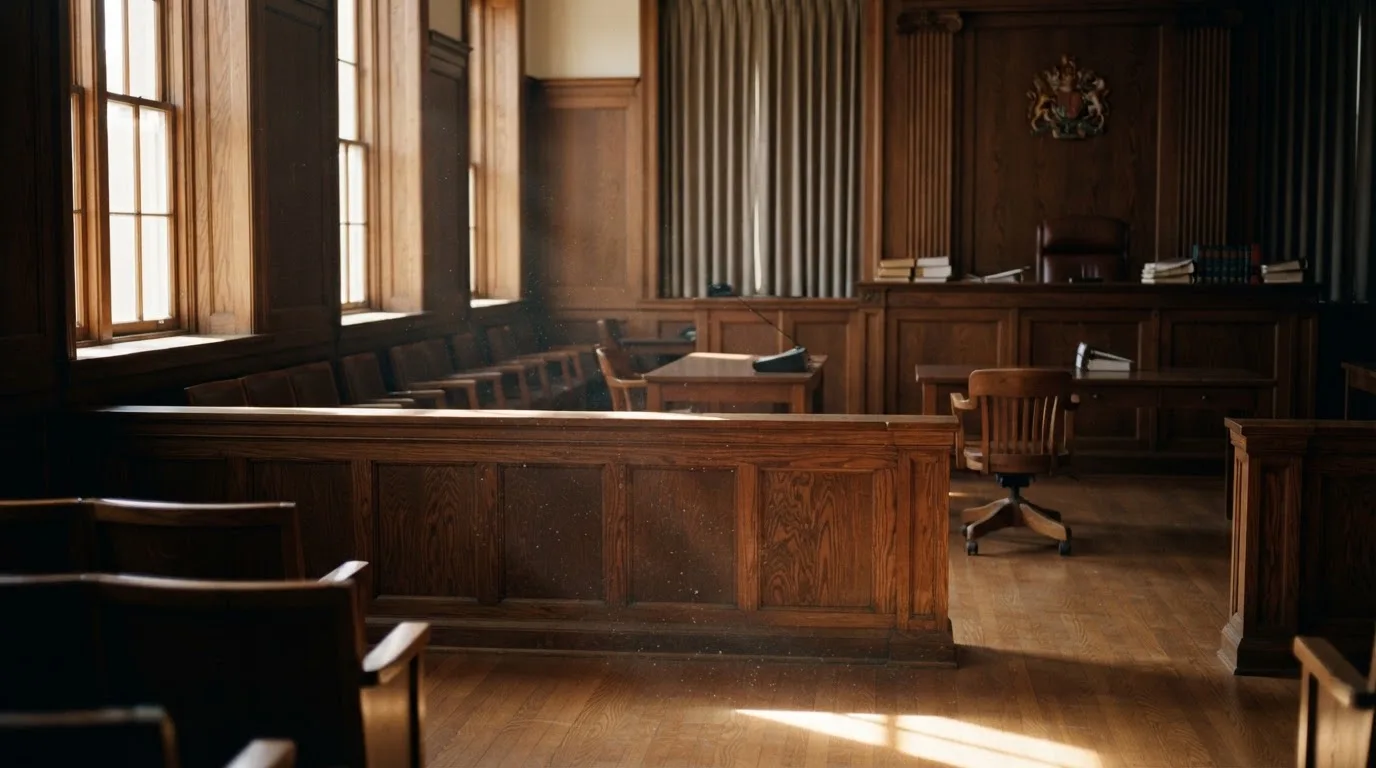 Sala de tribunal vazia com painéis de madeira, à luz da manhã — online casinos em portugal