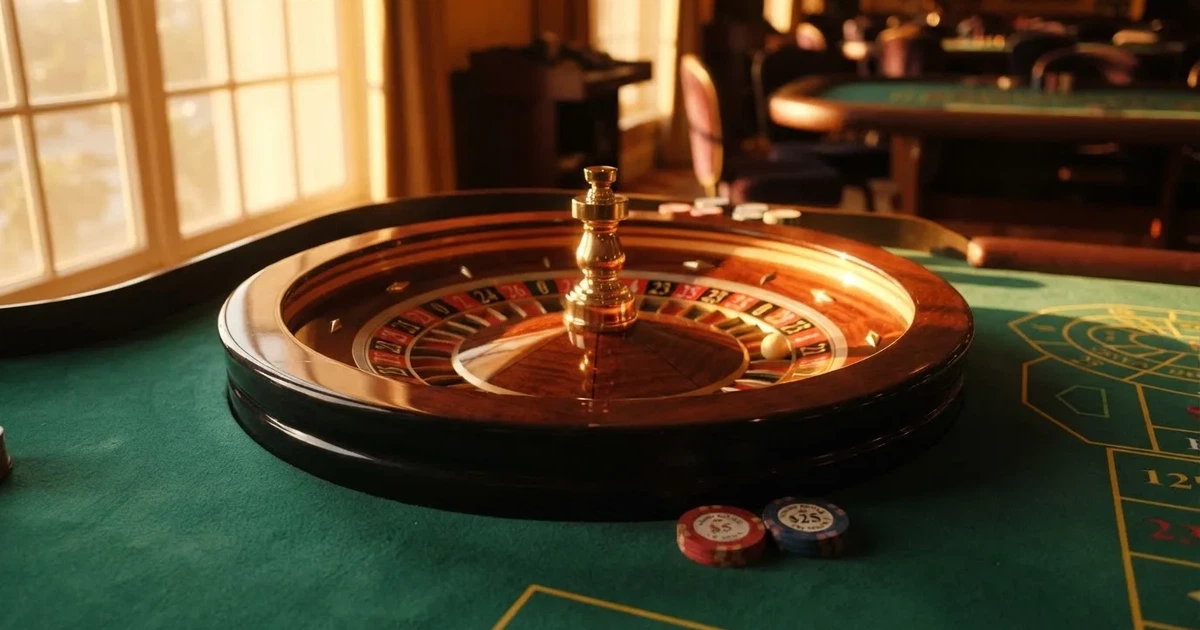 Roda de roleta e fichas sobre feltro verde, sob uma luz quente de fim de tarde — online casinos em portugal