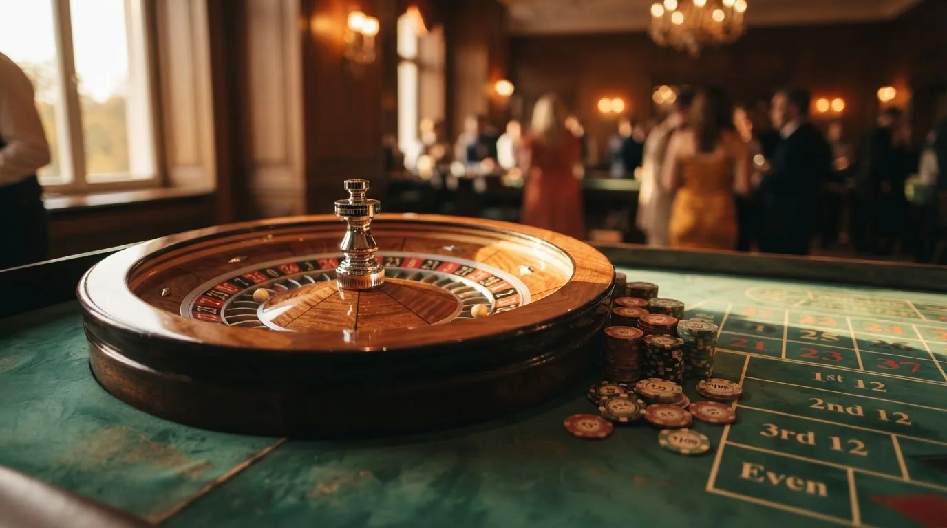 Roda de roleta e fichas sobre feltro verde, sob uma luz quente de fim de tarde — páginas de casino em portugal