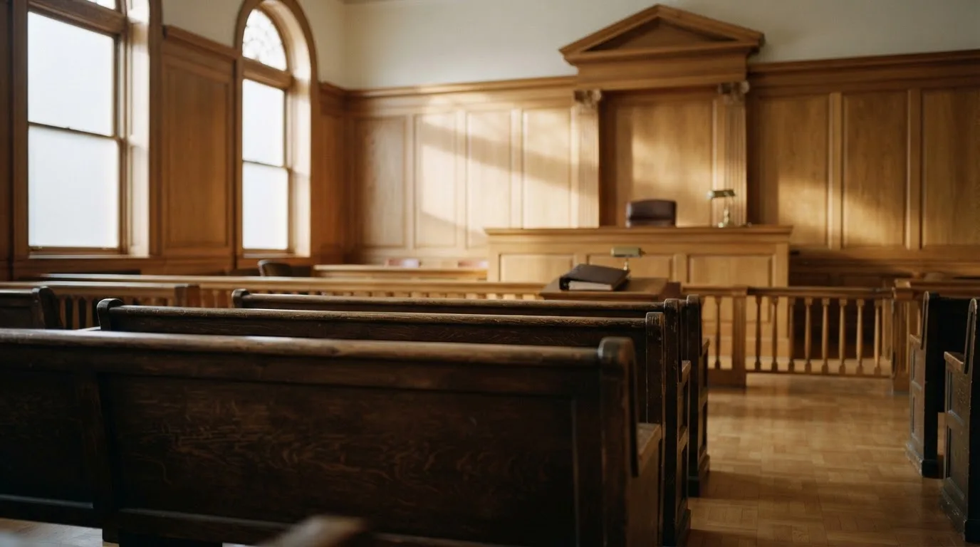 Sala de tribunal vazia com painéis de madeira, à luz da manhã — probabilidades de roleta pt