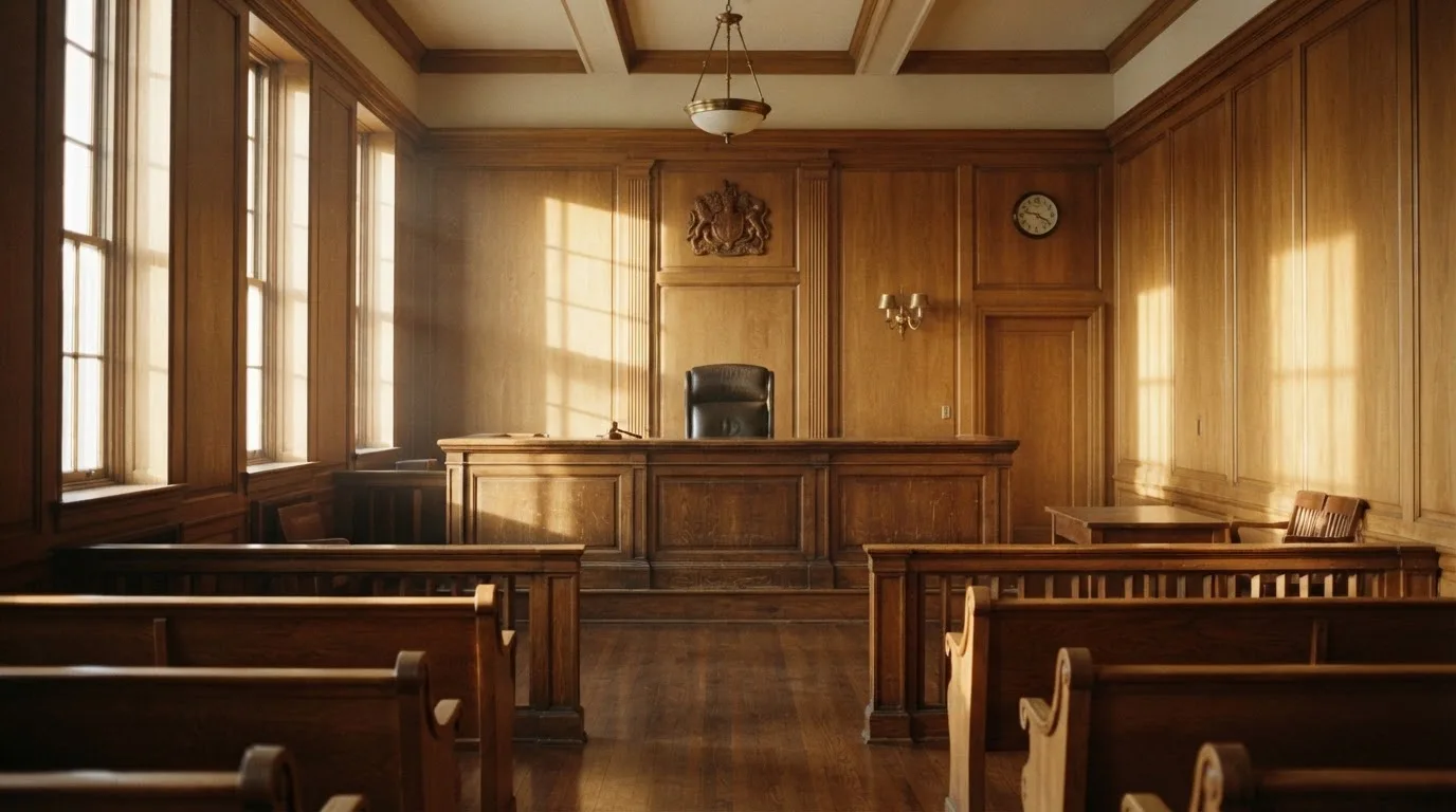 Sala de tribunal vazia com painéis de madeira, à luz da manhã — regras da roleta pt