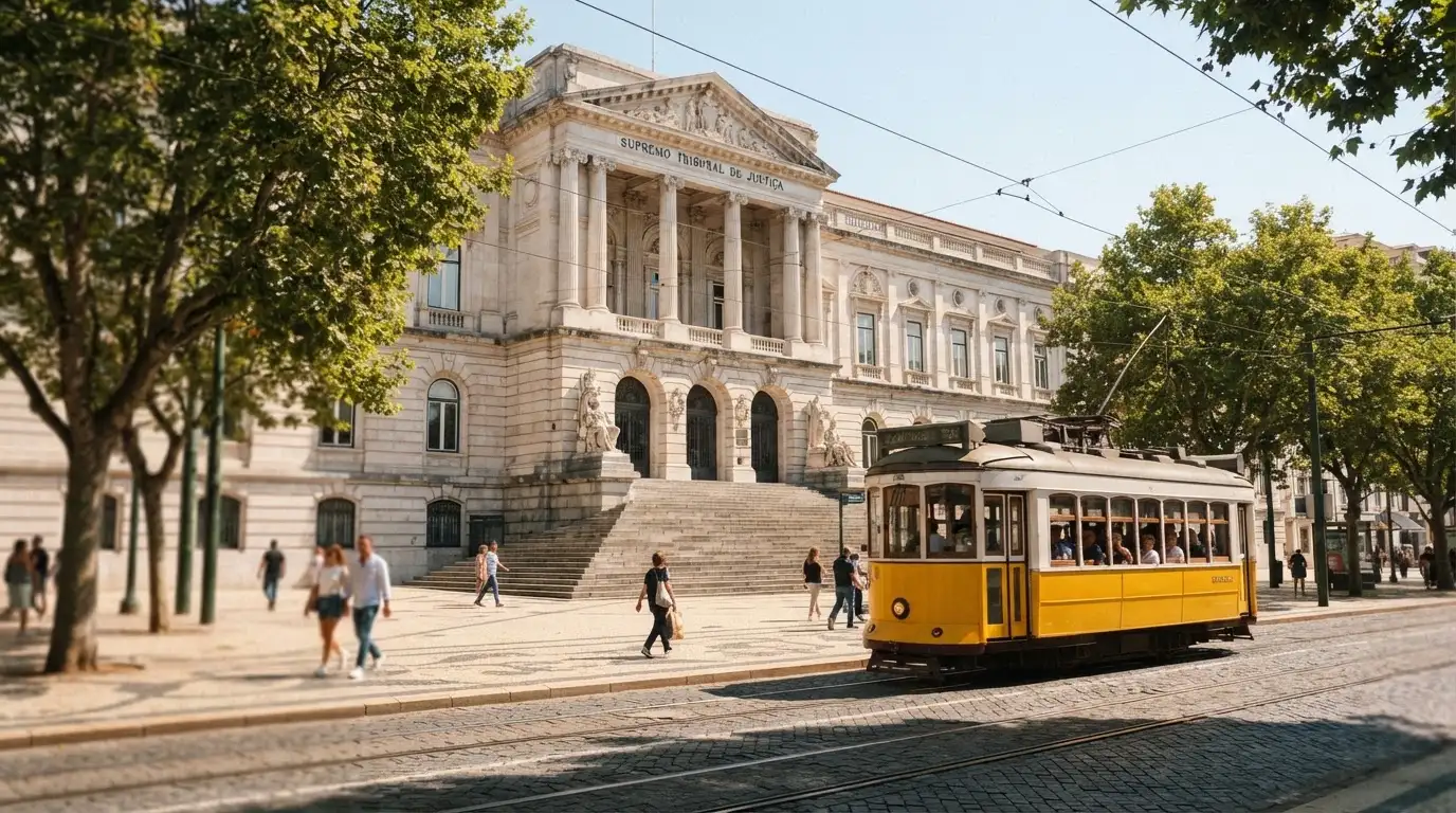 Edifício institucional de pedra com colunas junto a uma avenida lisboeta, céu limpo, elétrico amarelo ao longe, fotografia de rua.