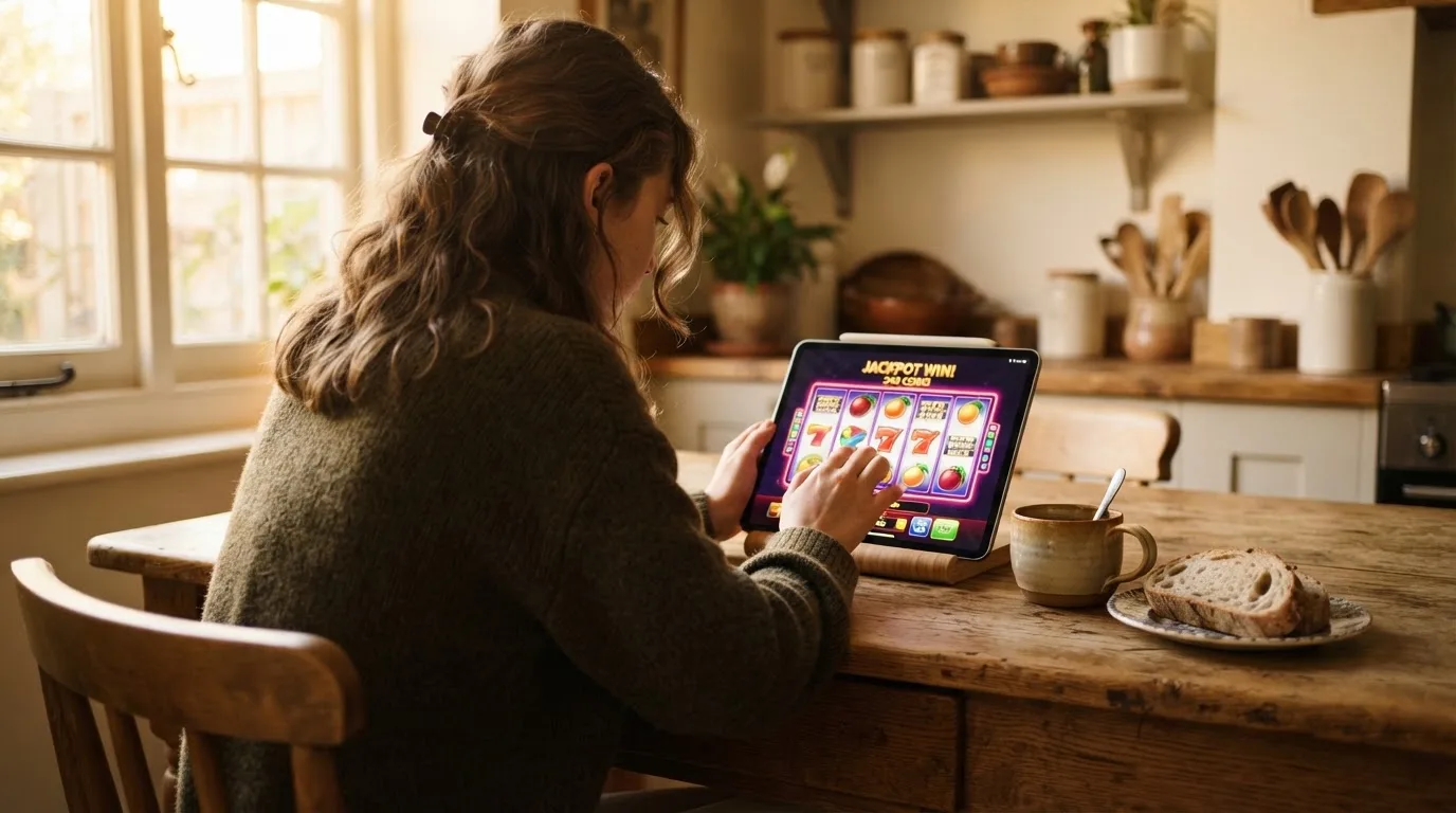 Jovem sentado à mesa da cozinha a explorar um tablet com ar curioso, chávena de chá e pão sobre a mesa, luz da manhã.