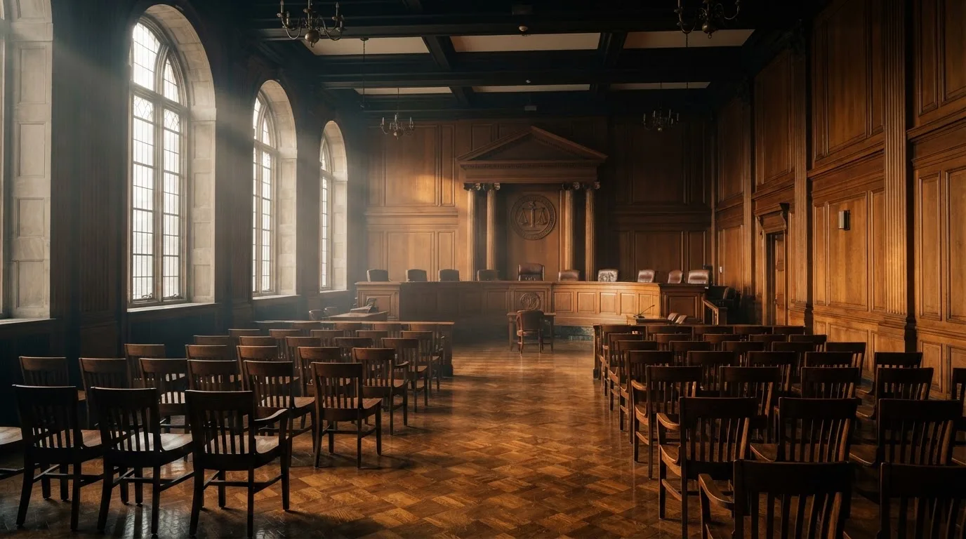 Sala de tribunal vazia com painéis de madeira, à luz da manhã — roleta americana em portugal