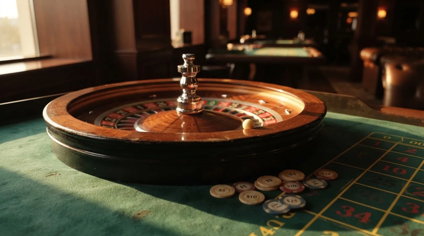 Roda de roleta e fichas sobre feltro verde, sob uma luz quente de fim de tarde — roleta casino em portugal