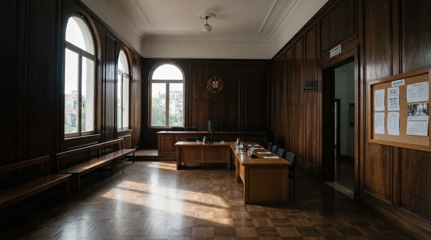 Sala de tribunal vazia com painéis de madeira, à luz da manhã — roleta demo para portugueses