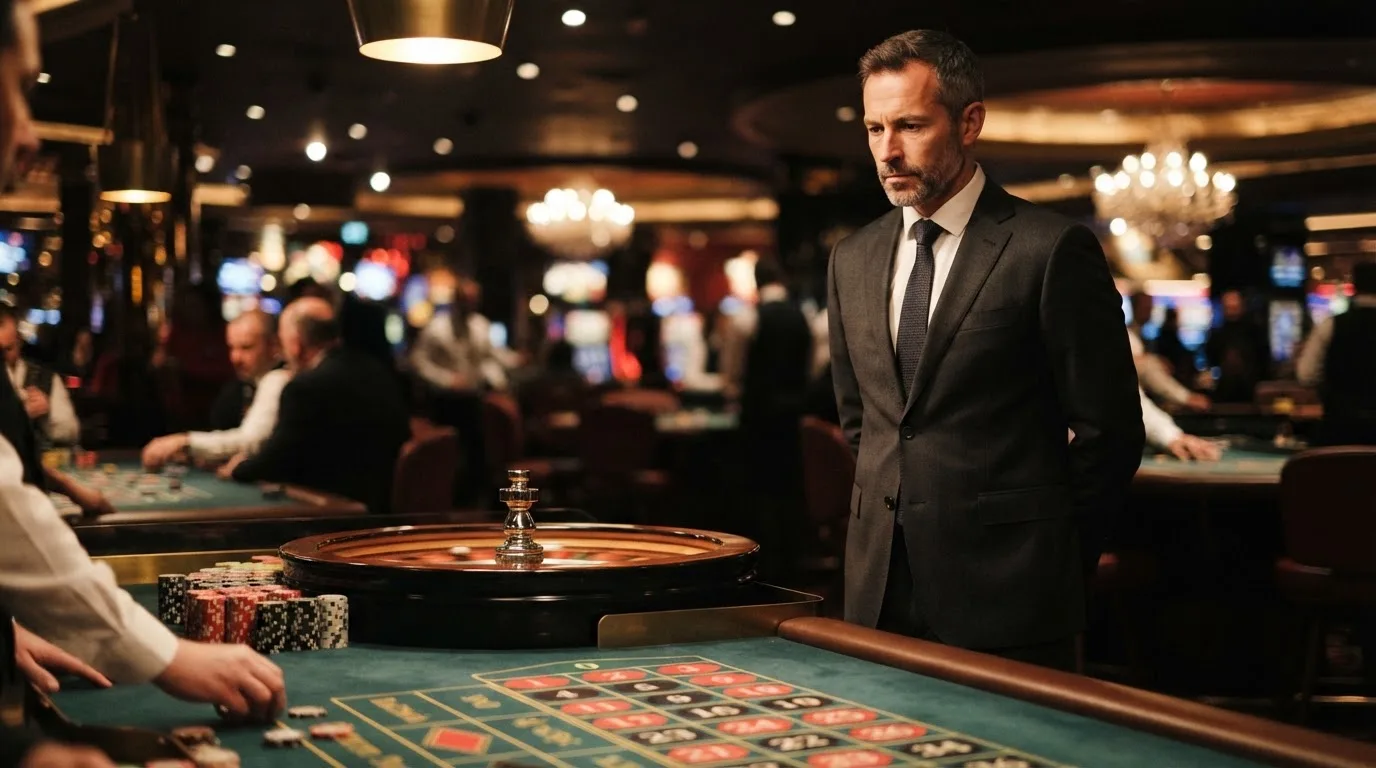 Fiscal de sala de casino de fato escuro a observar atentamente uma mesa de roleta, com jogadores desfocados ao fundo.