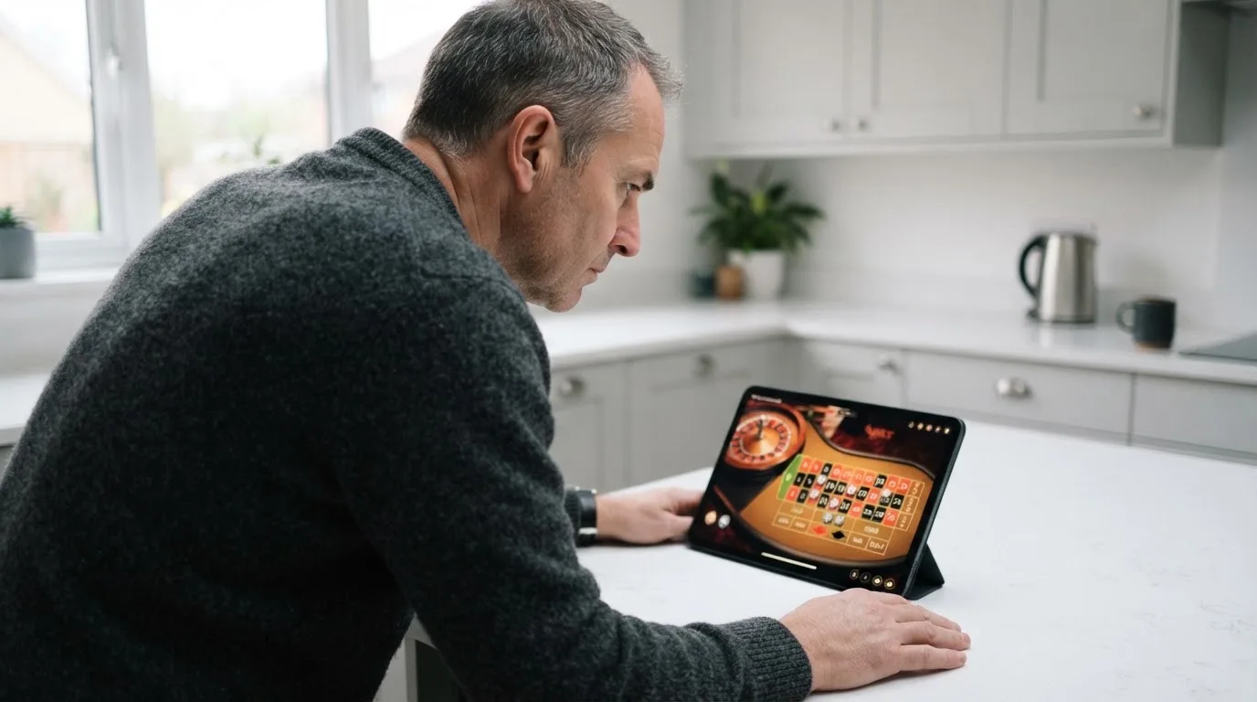 Jogador de meia-idade a ver uma transmissão de roleta num tablet, apoiado na bancada de uma cozinha moderna, com expressão atenta.