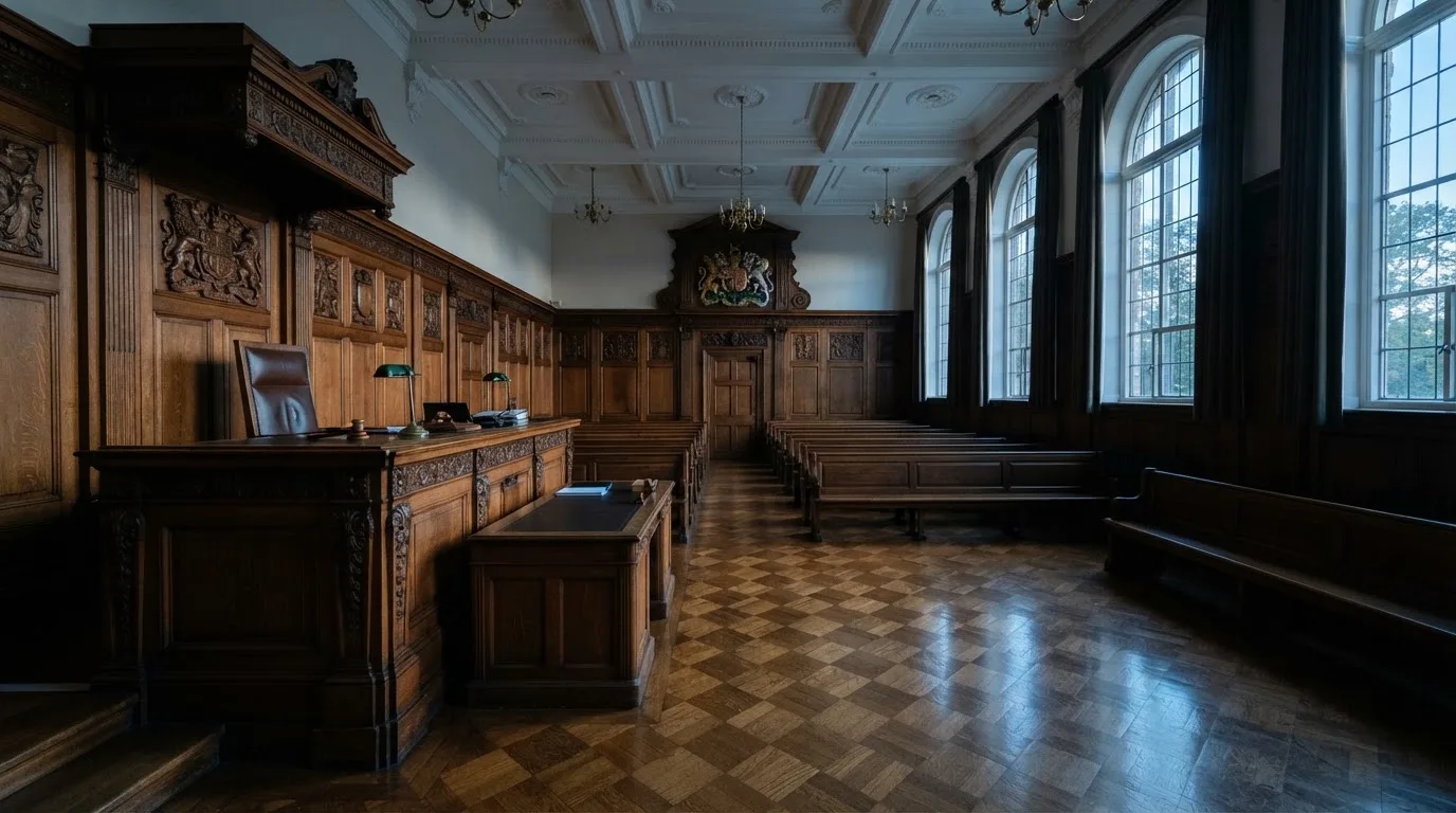 Sala de tribunal vazia com painéis de madeira, à luz da manhã — roleta francesa em portugal