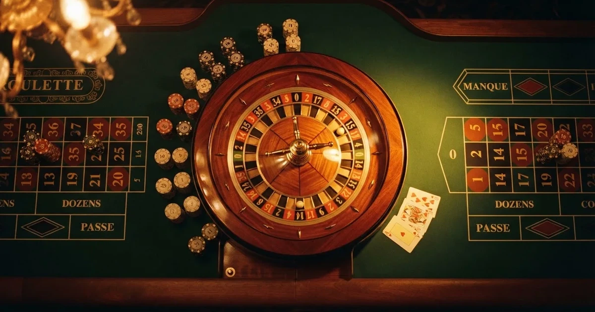 Mesa de jogo iluminada com cartas, vista de cima — roleta francesa em portugal