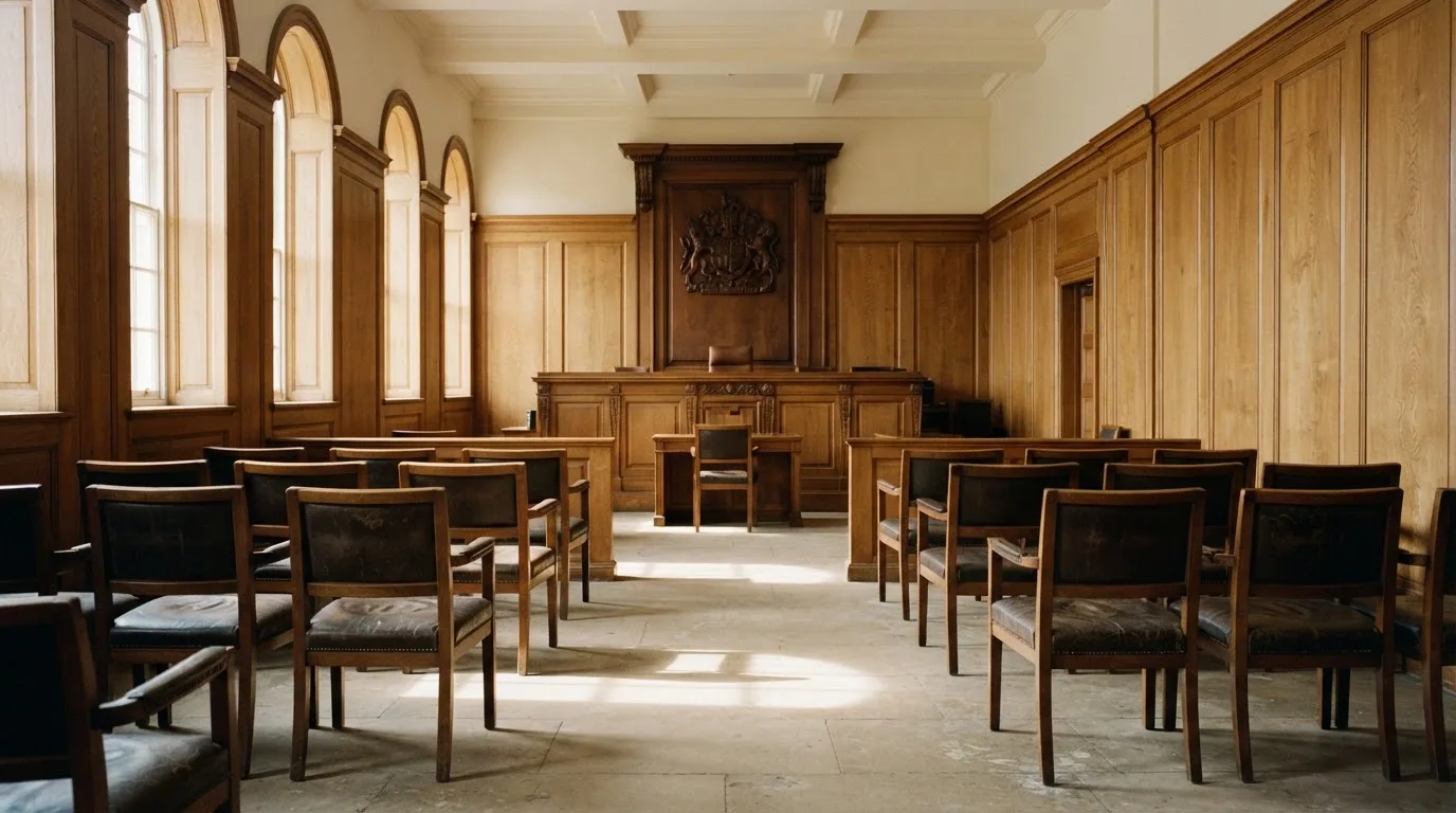 Sala de tribunal vazia com painéis de madeira, à luz da manhã — roleta grátis em portugal