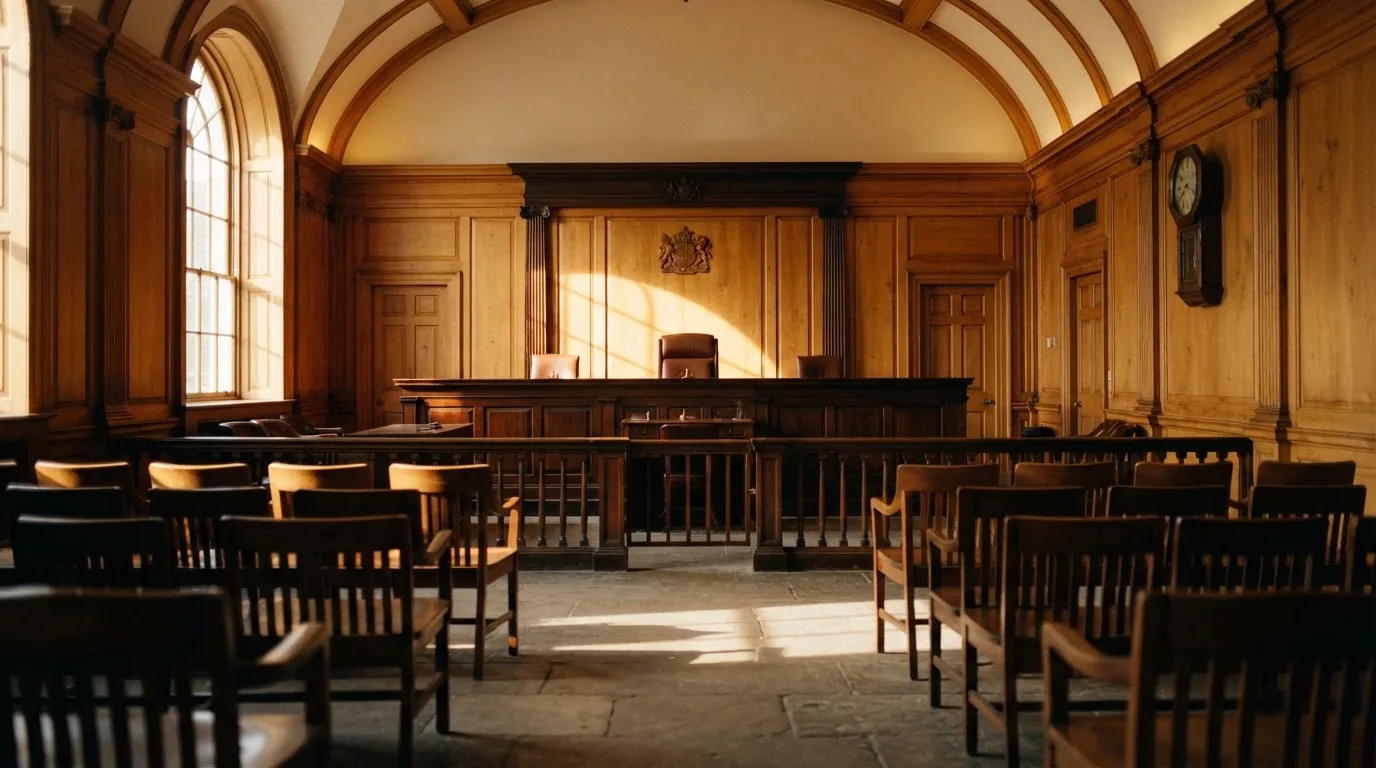Sala de tribunal vazia com painéis de madeira, à luz da manhã — roleta online grátis pt