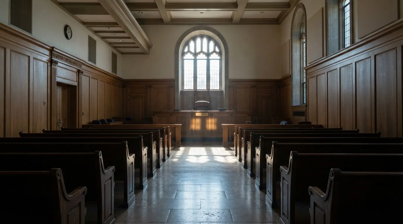 Sala de tribunal vazia com painéis de madeira, à luz da manhã — roleta virtual em portugal