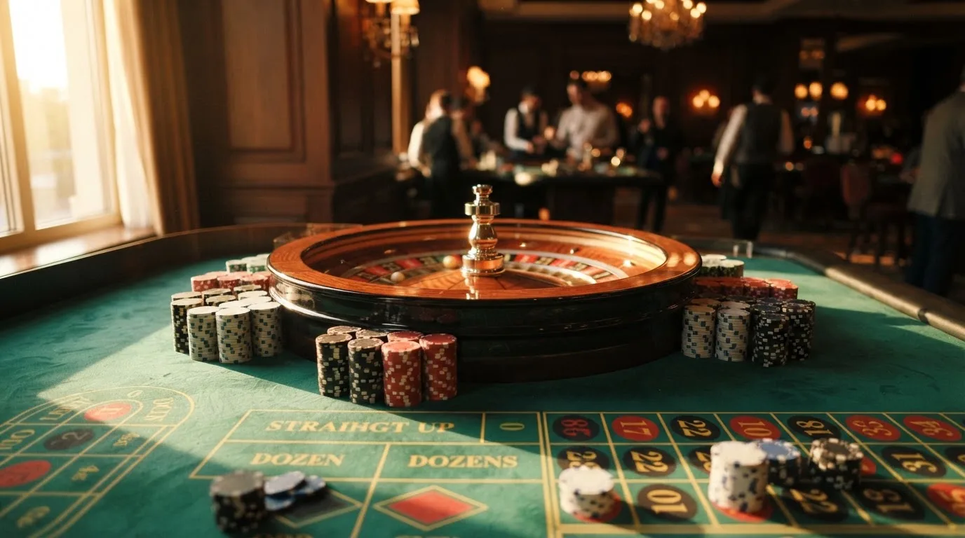 Roda de roleta e fichas sobre feltro verde, sob uma luz quente de fim de tarde — sites de casino para os portugueses