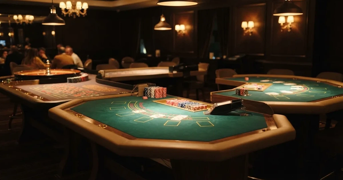 Três mesas de jogo diferentes lado a lado numa sala calma e calorosamente iluminada — sites de casino para os portugueses