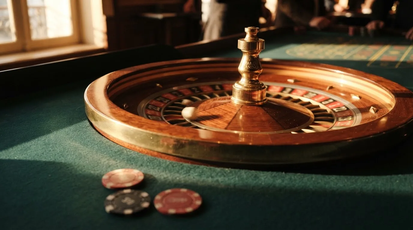 Roda de roleta e fichas sobre feltro verde, sob uma luz quente de fim de tarde — slot machines em portugal