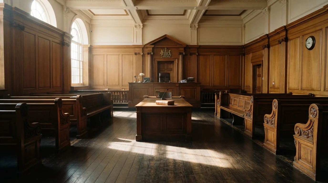 Sala de tribunal vazia com painéis de madeira, à luz da manhã — slots com bonus em portugal