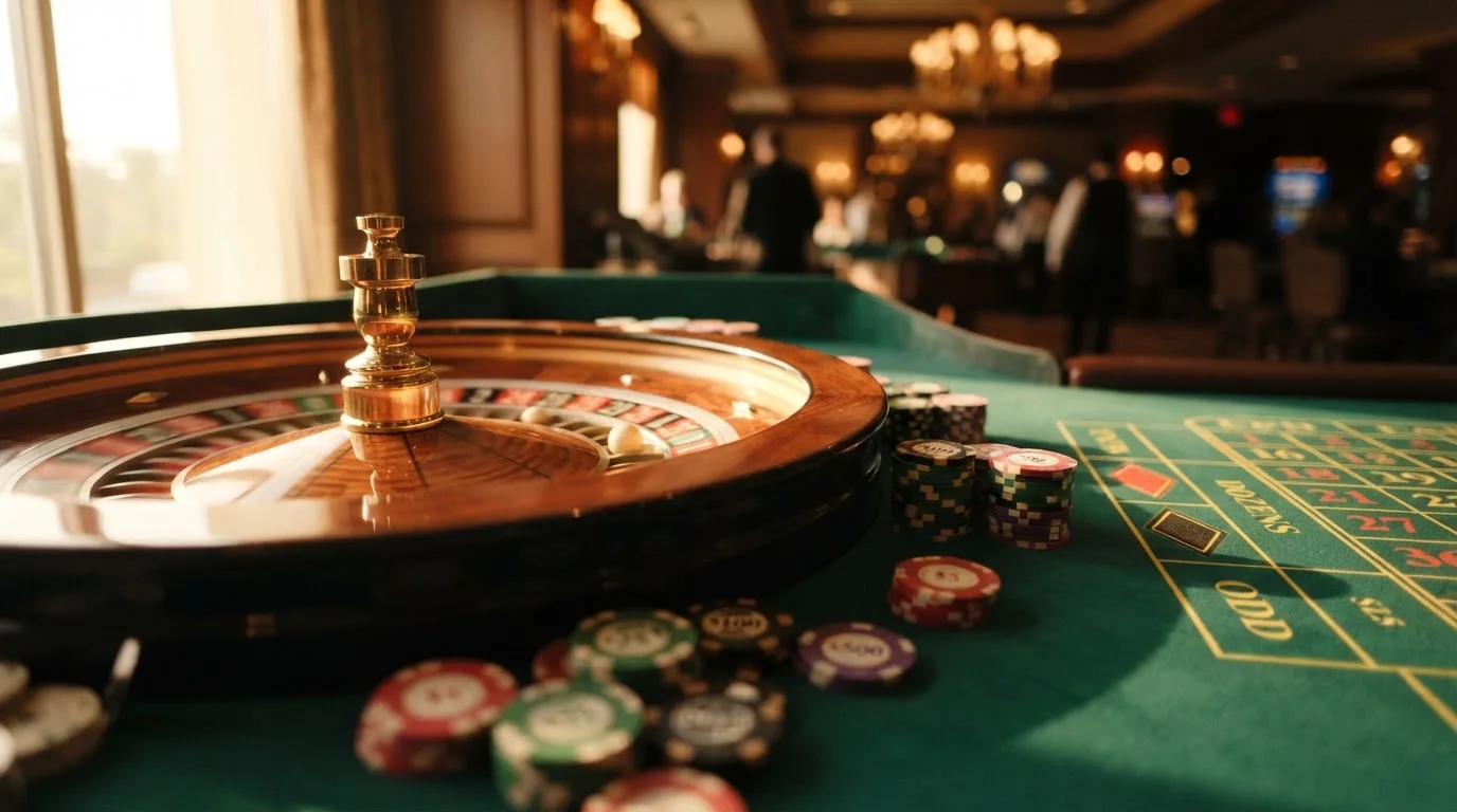 Roda de roleta e fichas sobre feltro verde, sob uma luz quente de fim de tarde — slots com bonus em portugal