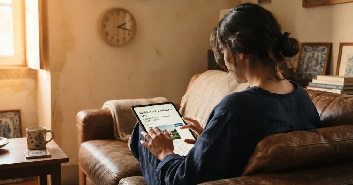 Pessoa num sofá a olhar pensativa para um tablet, com um relógio na parede atrás — slots com bonus em portugal