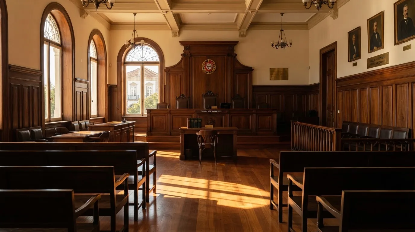 Sala de tribunal vazia com painéis de madeira, à luz da manhã — slots demo em portugal