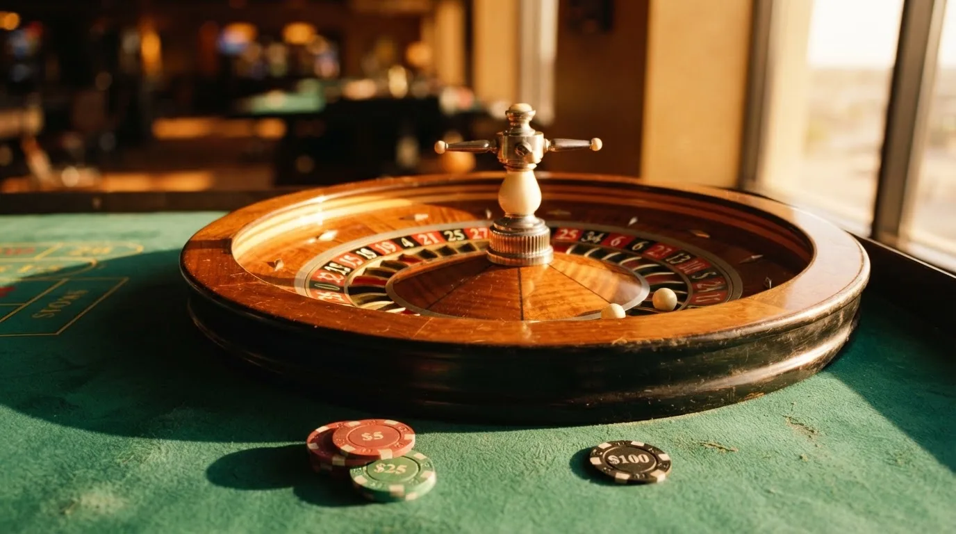 Roda de roleta e fichas sobre feltro verde, sob uma luz quente de fim de tarde — slots demo em portugal