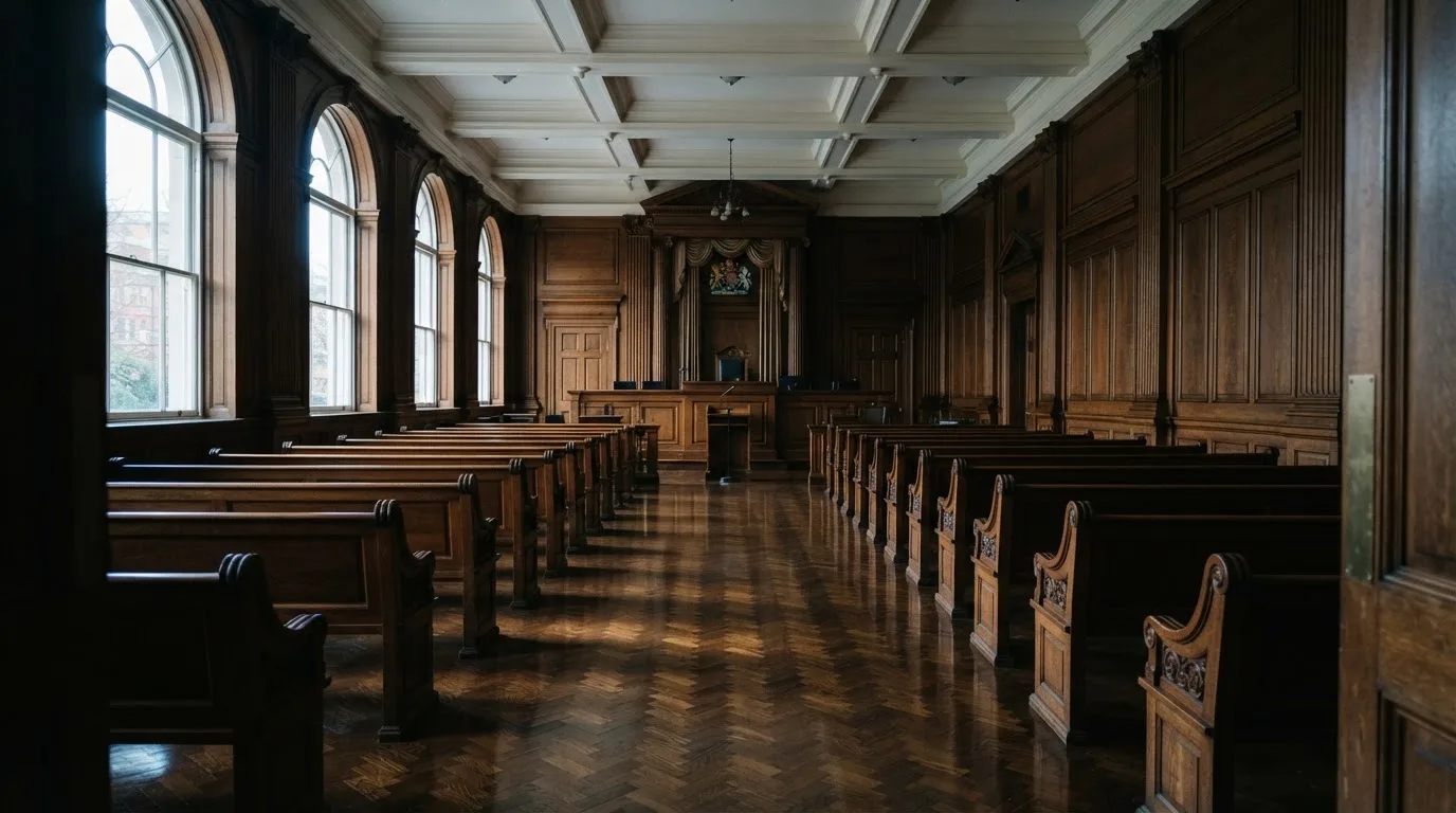 Sala de tribunal vazia com painéis de madeira, à luz da manhã — slots grátis em portugal