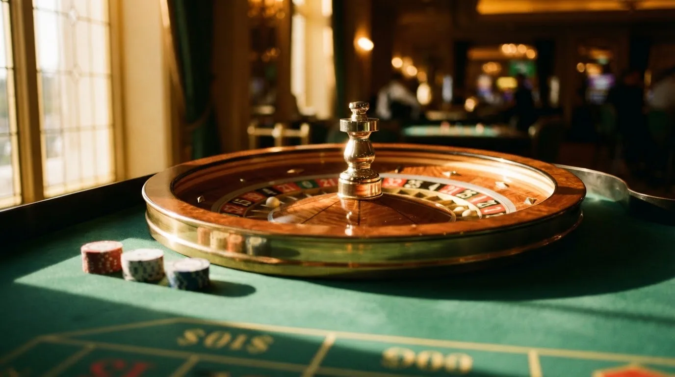 Roda de roleta e fichas sobre feltro verde, sob uma luz quente de fim de tarde — slots grátis em portugal