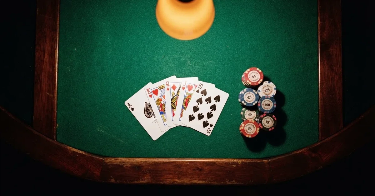 Mesa de jogo iluminada com cartas, vista de cima — slots grátis em portugal