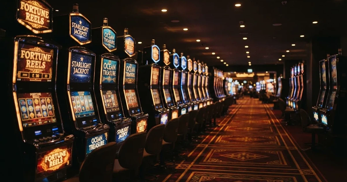 Fila de máquinas de slots num casino em Portugal vistas de lado, com rolos iluminados e carpete escura, sem pessoas, fotografia de interior.