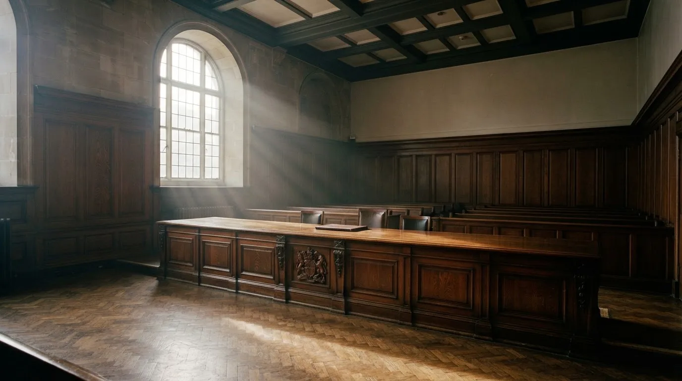 Sala de tribunal vazia com painéis de madeira, à luz da manhã — slots por dinheiro em portugal