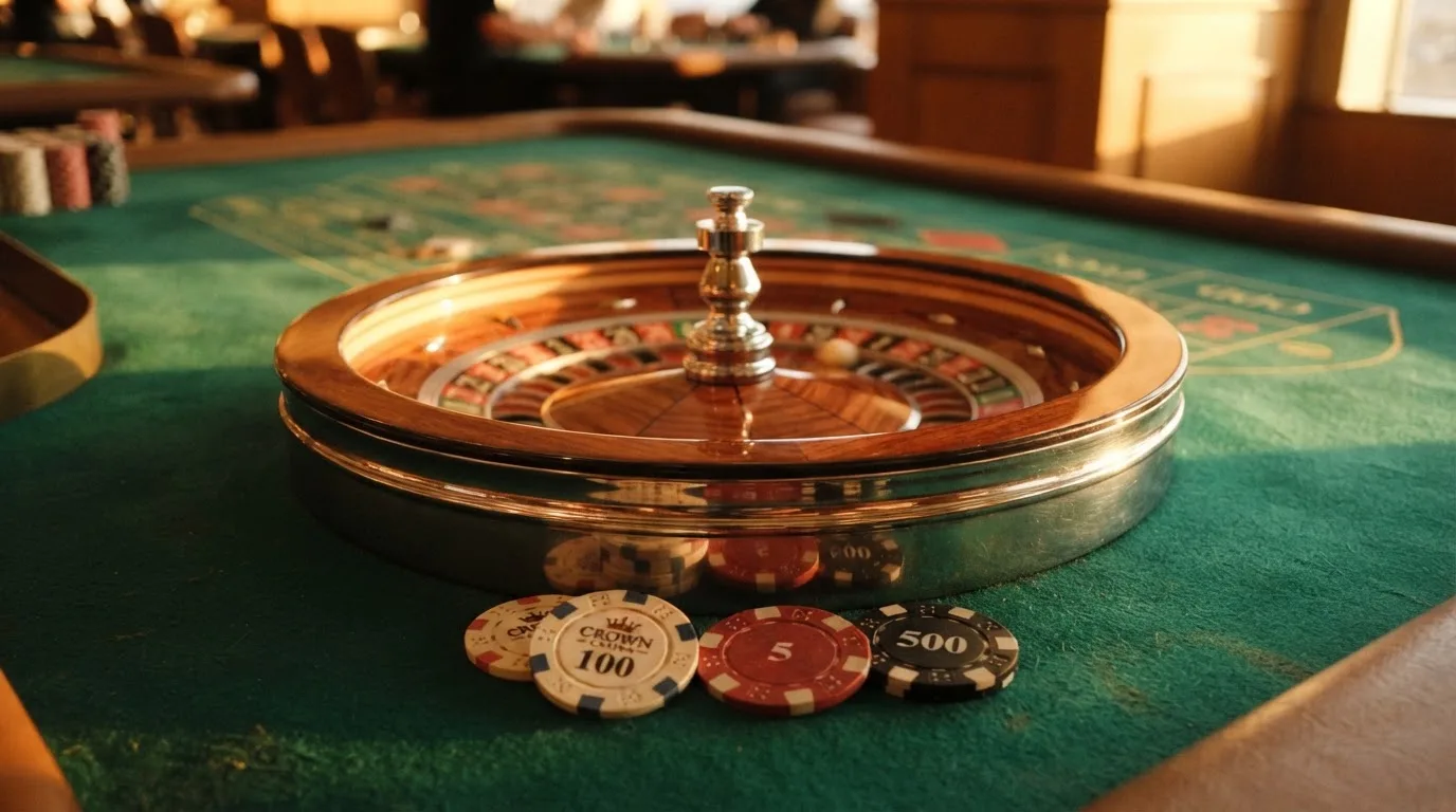 Roda de roleta e fichas sobre feltro verde, sob uma luz quente de fim de tarde — slots por dinheiro em portugal