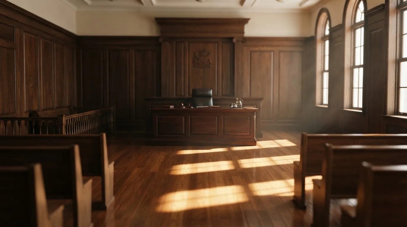 Sala de tribunal vazia com painéis de madeira, à luz da manhã — tabelas de blackjack em portugal