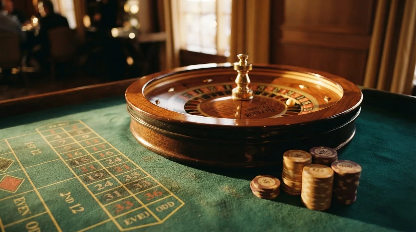 Roda de roleta e fichas sobre feltro verde, sob uma luz quente de fim de tarde — tabelas de blackjack em portugal