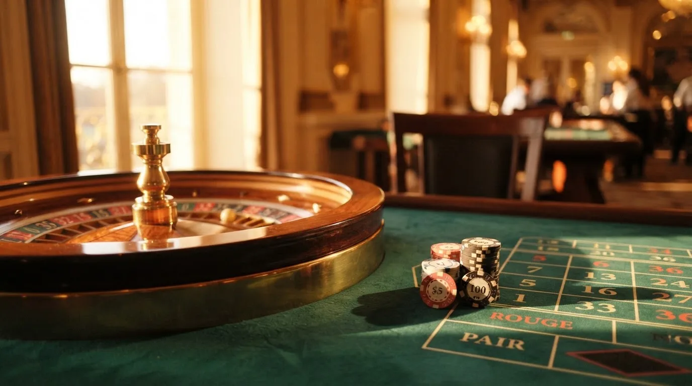 Roda de roleta e fichas sobre feltro verde, sob uma luz quente de fim de tarde — top casinos em portugal