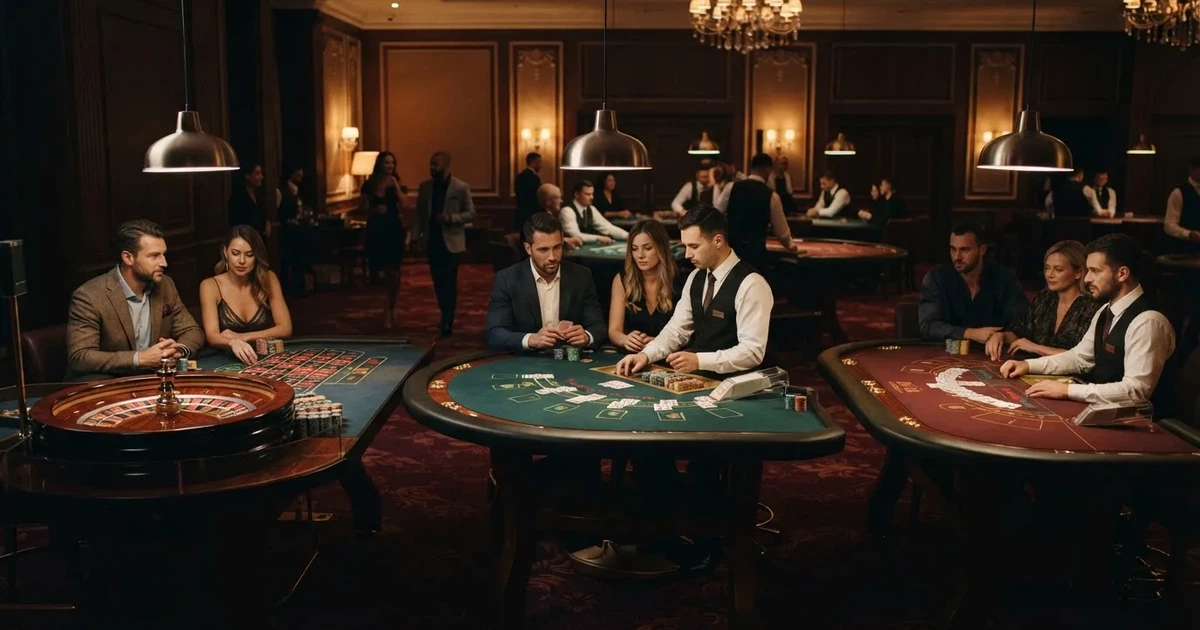 Três mesas de jogo diferentes lado a lado numa sala calma e calorosamente iluminada — top casinos em portugal