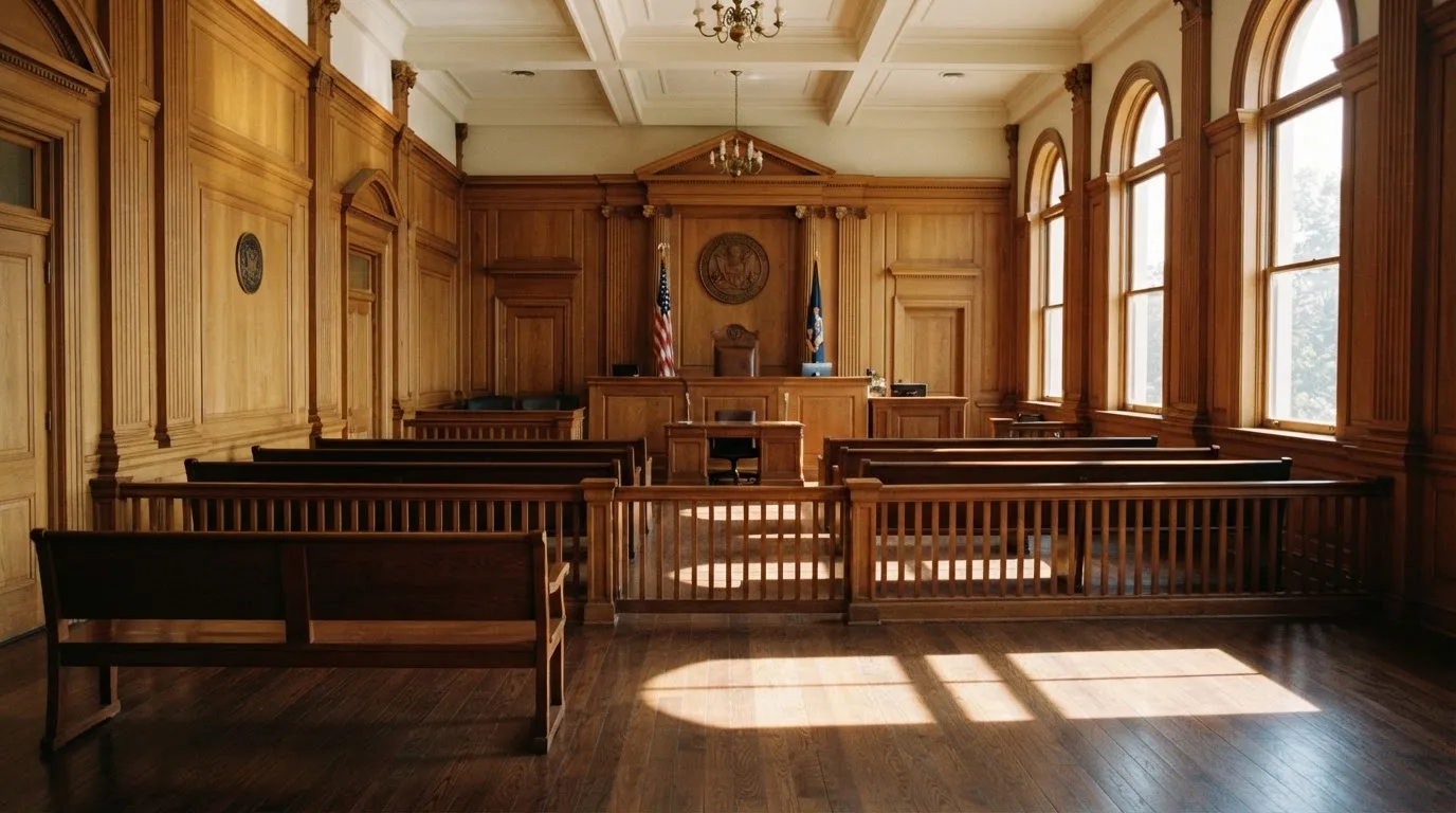 Sala de tribunal vazia com painéis de madeira, à luz da manhã — truques de casino em portugal