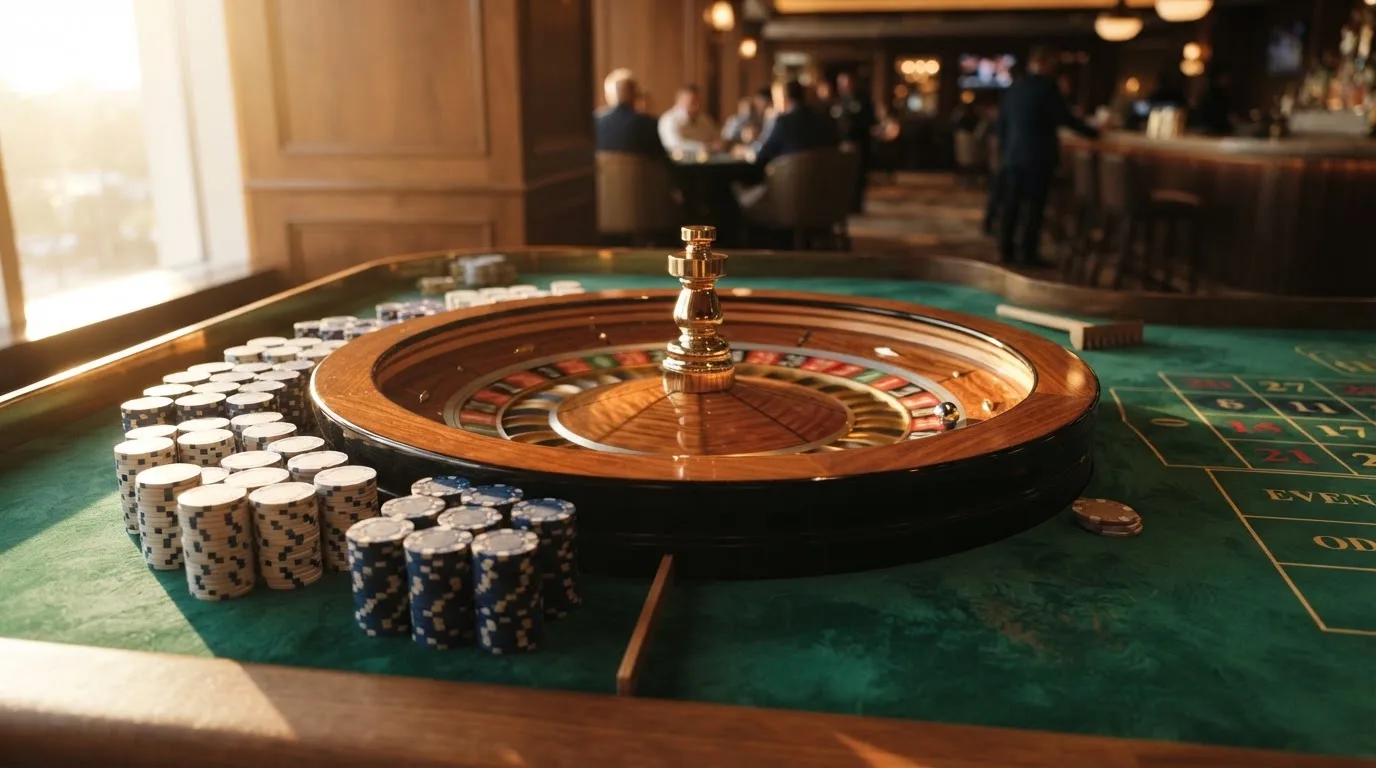 Roda de roleta e fichas sobre feltro verde, sob uma luz quente de fim de tarde — truques de casino em portugal