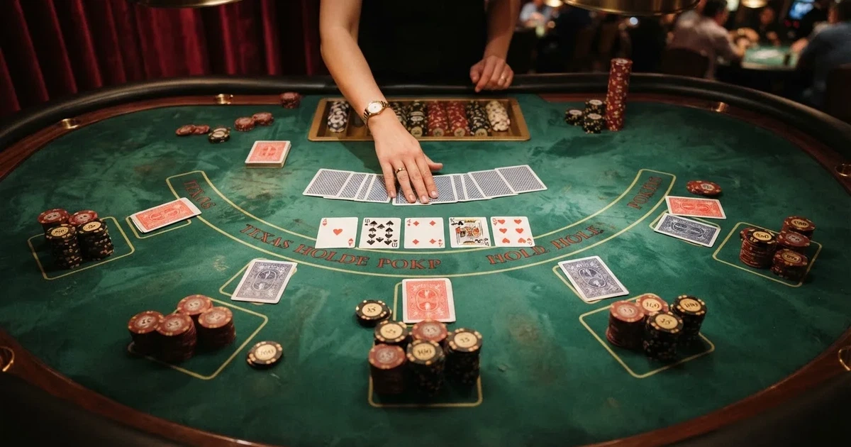 Mesa de jogo iluminada com cartas, vista de cima — truques de casino em portugal